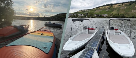 linkes Bild: Ausschnitt Kajak und SUP am Bootssteg mit kleines Boot auf Wasser im Hintergrund in Abendstimmung; rechtes Bild: zwei Motorboote angelegt am Steg an der Mosel