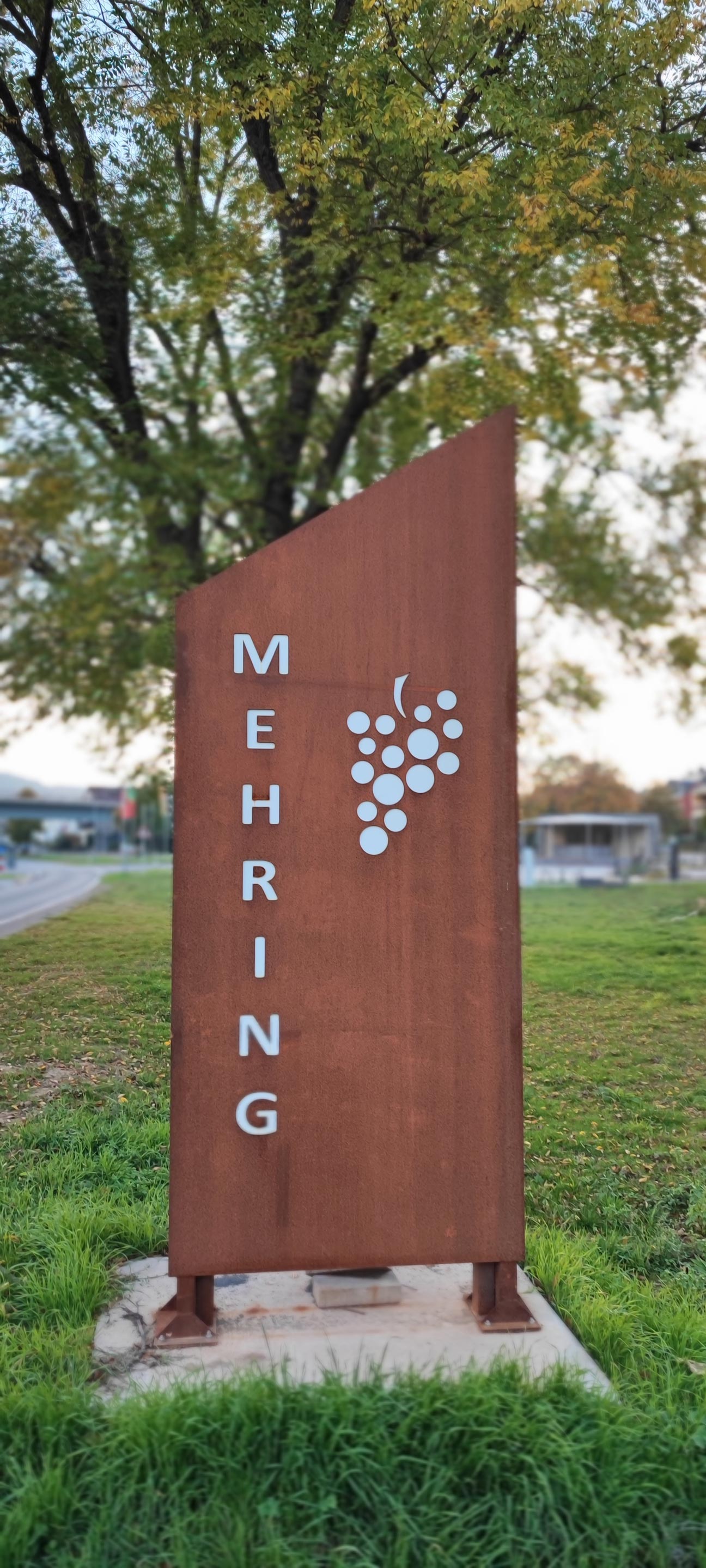 Bild zeigt Metallschild in Hochkannt mit Schriftzug Mehring und Weinrebe