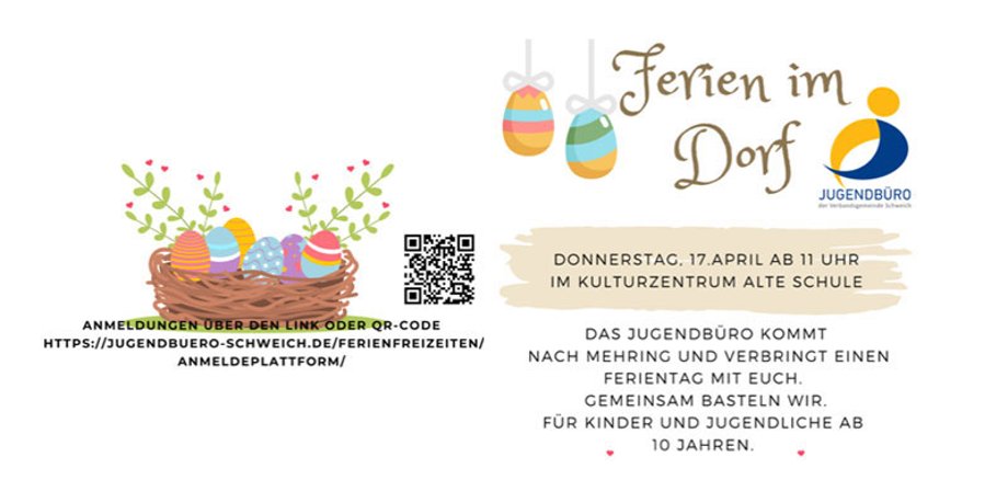 Zu sehen ist im linken Bereich ein gezeichneter Korb mit bunten Ostereiern und grünen Stängeln mit fliegenden Herzen. Daneben ist ein QR-Code und darunter ein Link zur Anmeldung. Im rechten Bereich ist die Bekanntmachung mit Kurztext zur Veranstaltung sowie das Jugendbüro-Logo zu sehen, verziert links daneben mit 2 Ostereiern