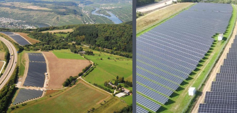 Luftaufnahmen auf die Photovoltaikanlage in Mehring aus zwei unterschiedlichen Perspektiven
