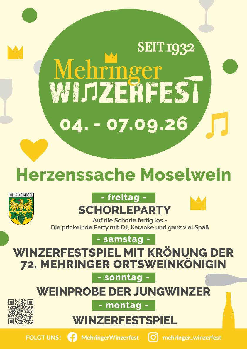 Plakat Mehringer Winzerfest 2026 Plakat zum Mehringer Winzerfest mit Logo, Veranstaltungstitel und Angaben zum Veranstaltungsprogramm. Zusätzlich ist das Wappen von Mehring und ein QR-Code, der zur Website führt, dargestellt.