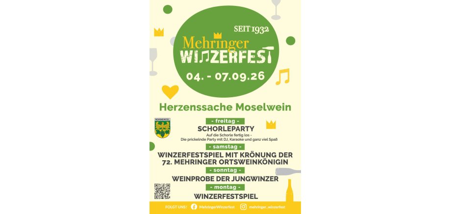 Plakat zum Mehringer Winzerfest mit Logo, Veranstaltungstitel und Angaben zum Veranstaltungsprogramm. Zusätzlich ist das Wappen von Mehring und ein QR-Code, der zur Website führt, dargestellt.