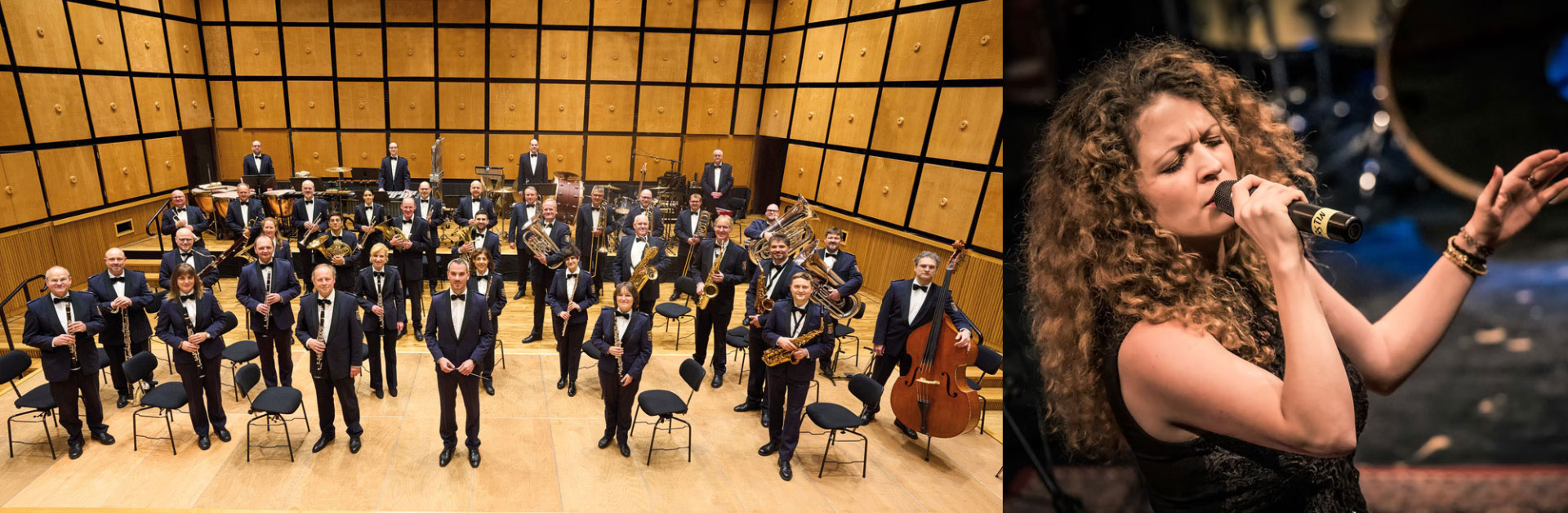 linkes Bild: Landespolizeiorchester Rheinland-Pfalz auf der Bühne; rechtes Bild: Solistin Kerstin Bauer beim Singen