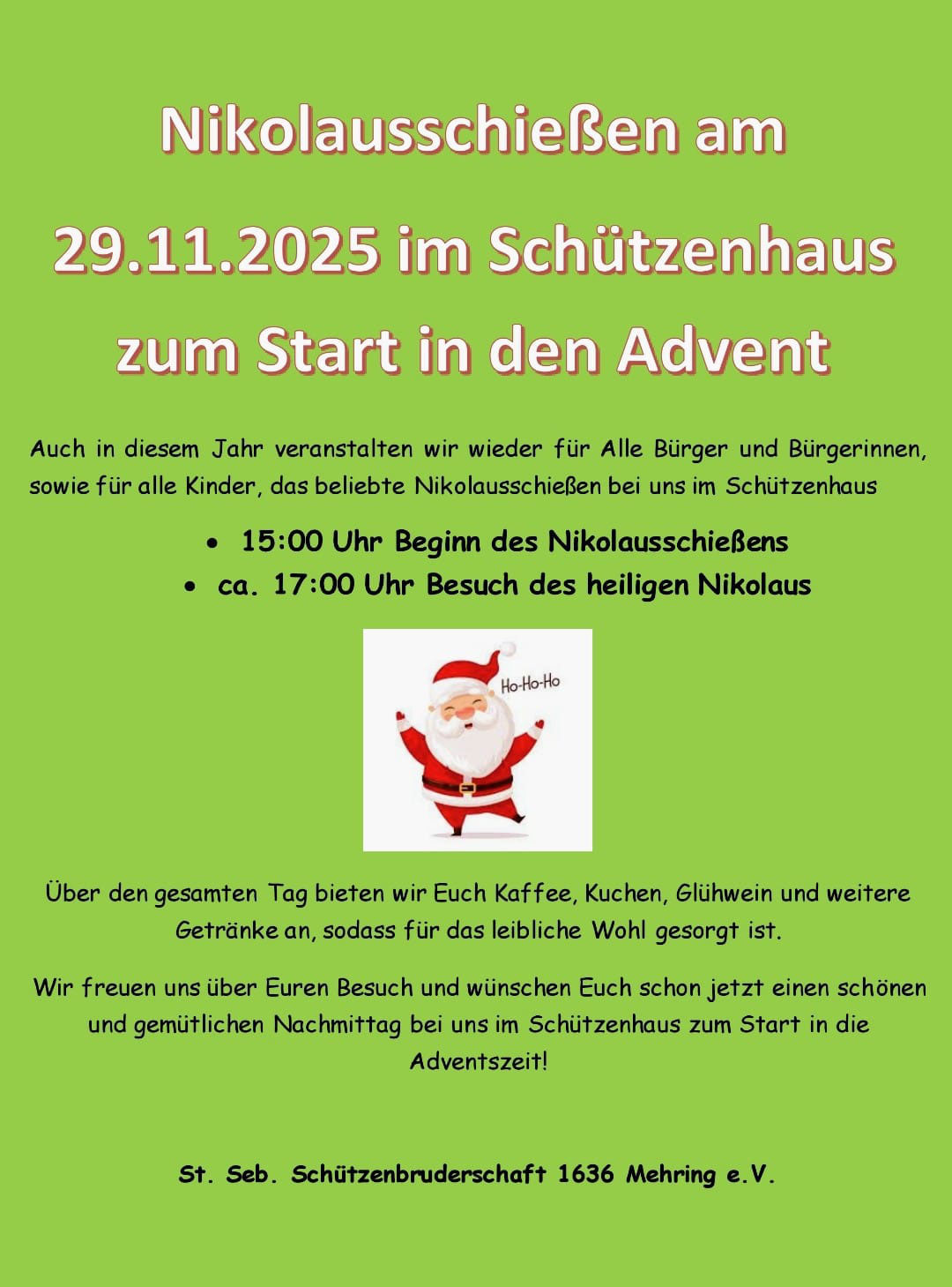 Plakat mit Veranstaltungshinweisen zum Nikolausschießen im Schützenhaus