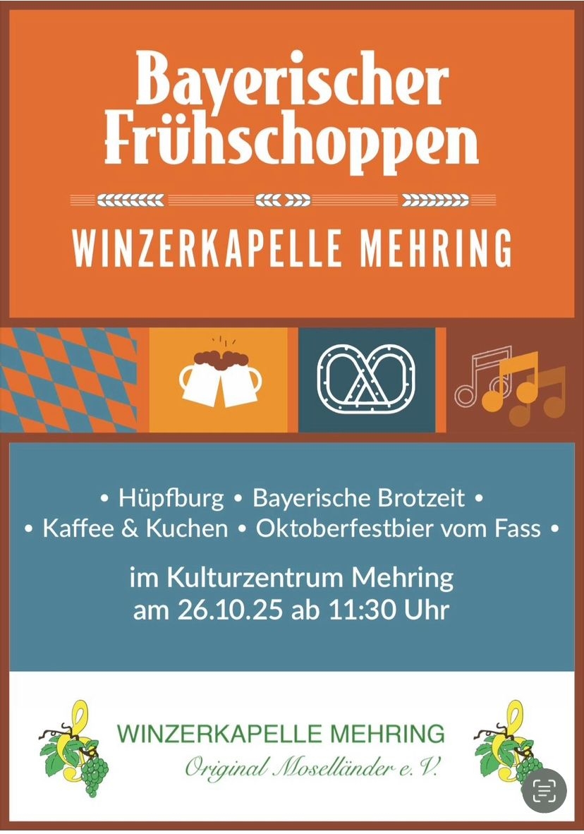 Bayerischer Frühschoppen Plakat zum Bayerischen Frühschoppen mit Veranstaltungshinweisen und kleinen grafischen Bildern mit bayr. Flagge, Bierkrüge, Brezel und Noten