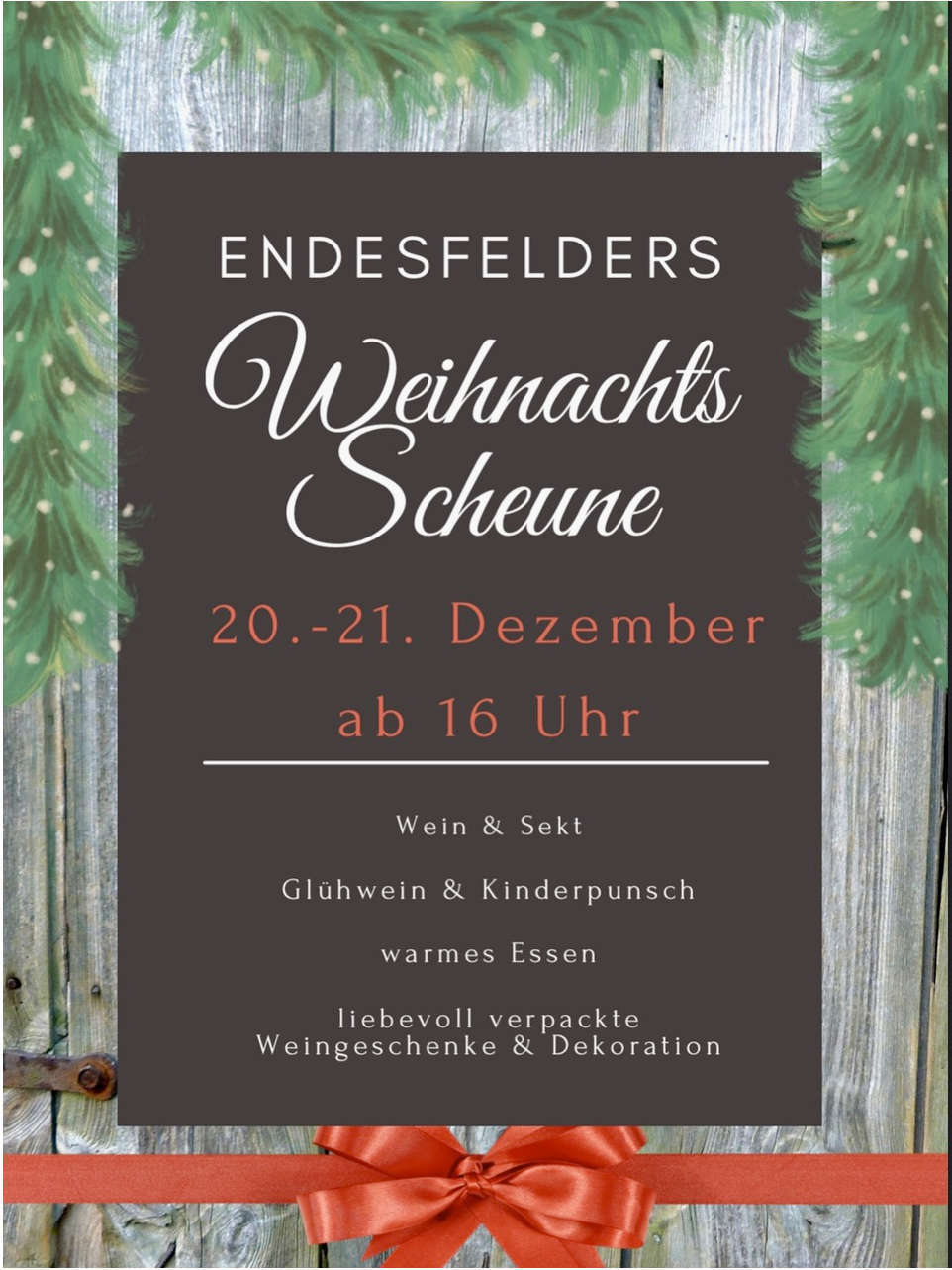 Plakat mit Veranstaltungshinweise zu Weihnachtsscheune mit Ausschnitt Holztür, die in oberen Bereich seitlich Weihnachtszweige und im unteren Feld eine rote Schleife zeigt, im Hintergrund
