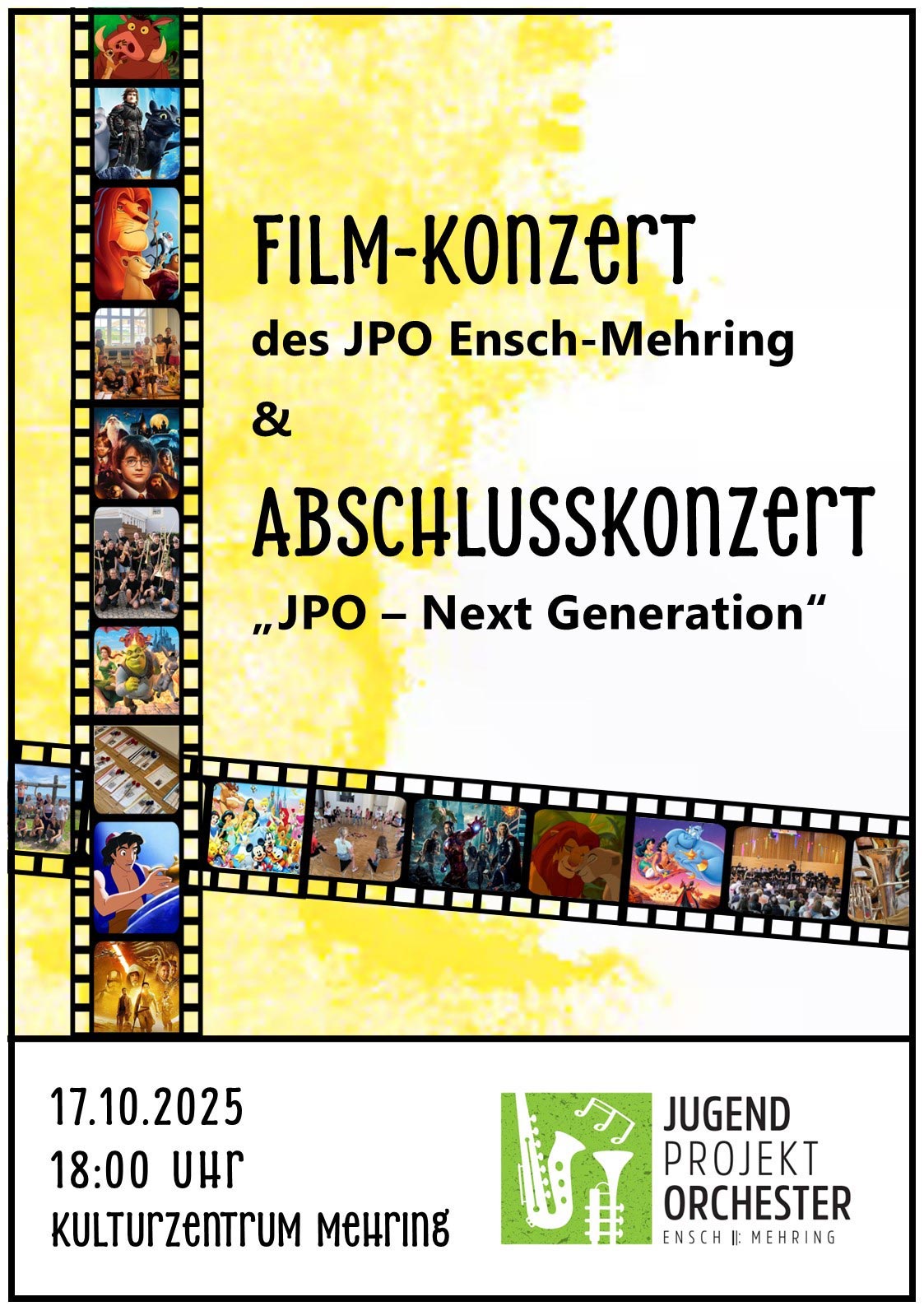 Plakat mit Veranstaltungshinweisen. Filmstreifen zeigen unterschiedliche Filmszenen